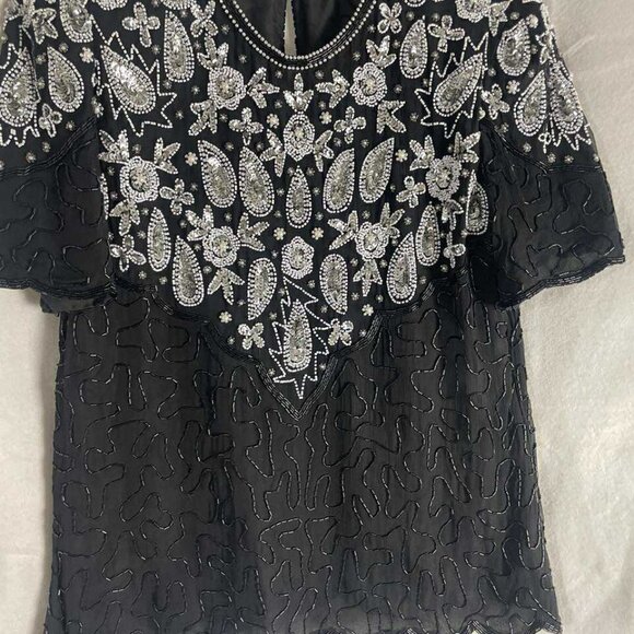 EUC Laurence Kazar Black & Silver Beaded 100% Silk Blouse size Medium - Picture 2 of 7